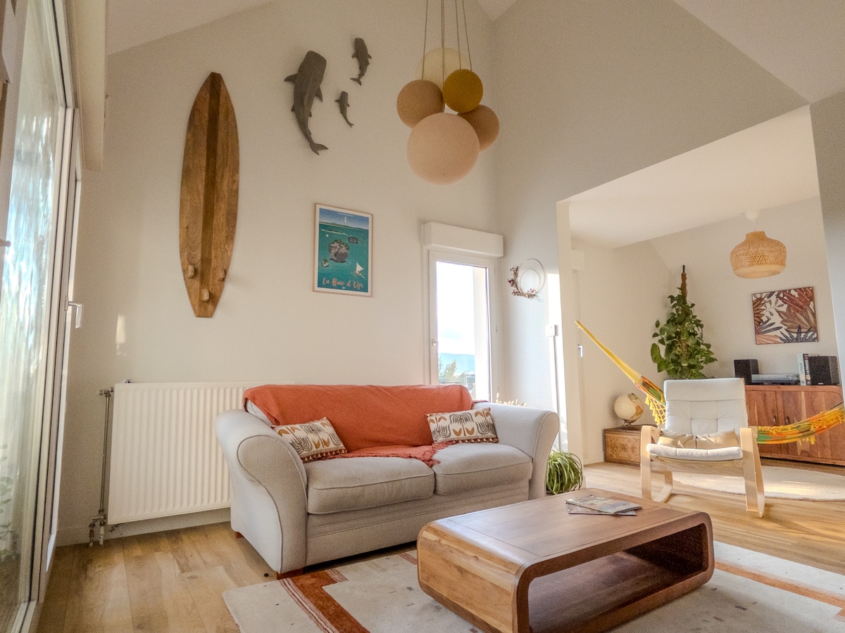 Living room under a cathedral ceiling