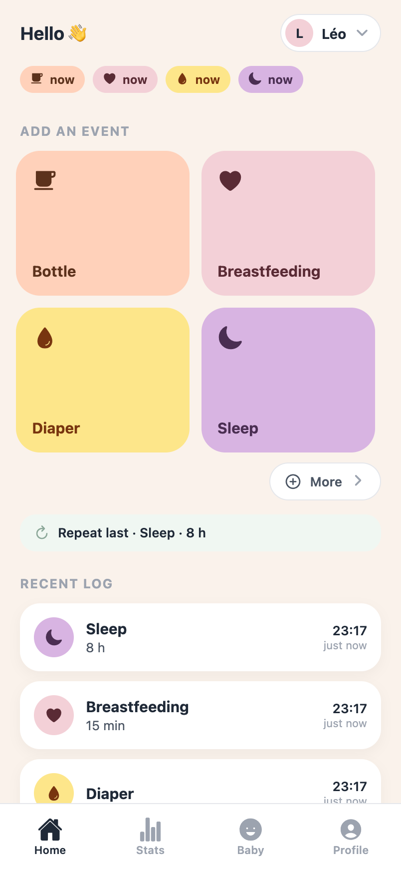 BabyCare home screen: greeting, the active-baby switcher, time-since chips, and four big one-tap log buttons