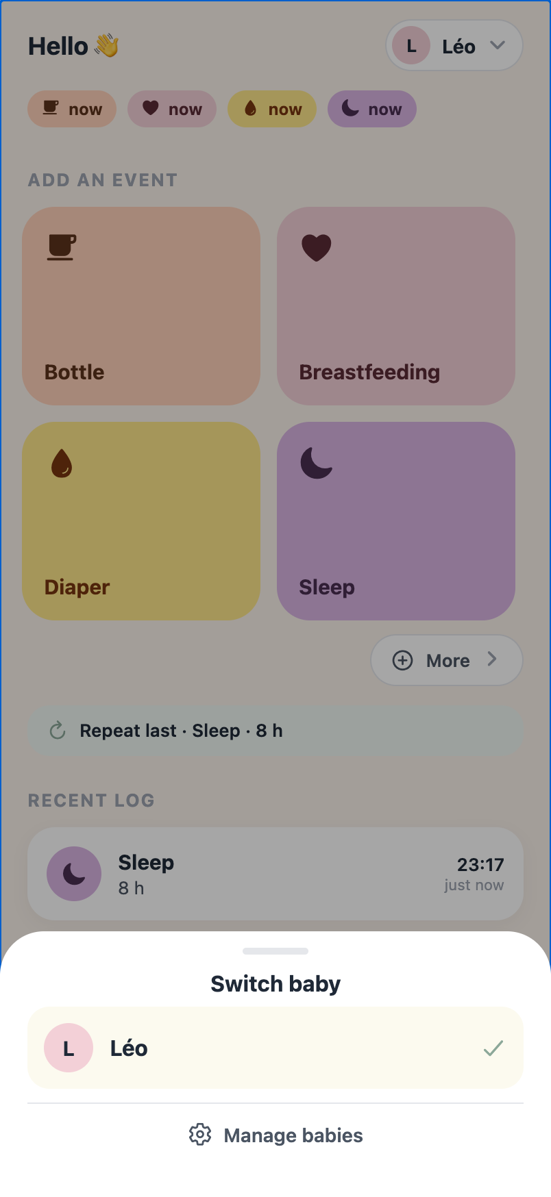 Tapping the baby pill opens a sheet to switch baby, with a &lsquo;Manage babies&rsquo; link
